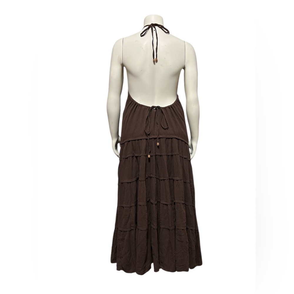 Free People Sz M Brown Dress Somewhere Sunny Drop Waist Maxi Tiered Flowy Boho - Picture 4 of 11